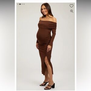 Brown Foldover Off Shoulder Front Slit Maternity Midi Dress
